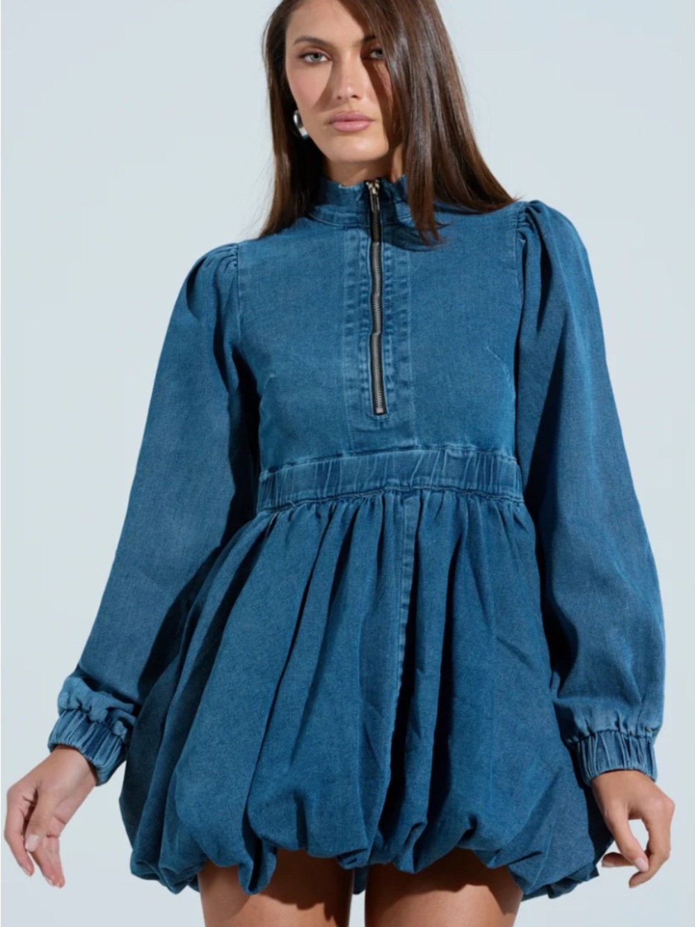 AKIRA Blue Denim Long-Sleeve Bubble Dress with Front Zip